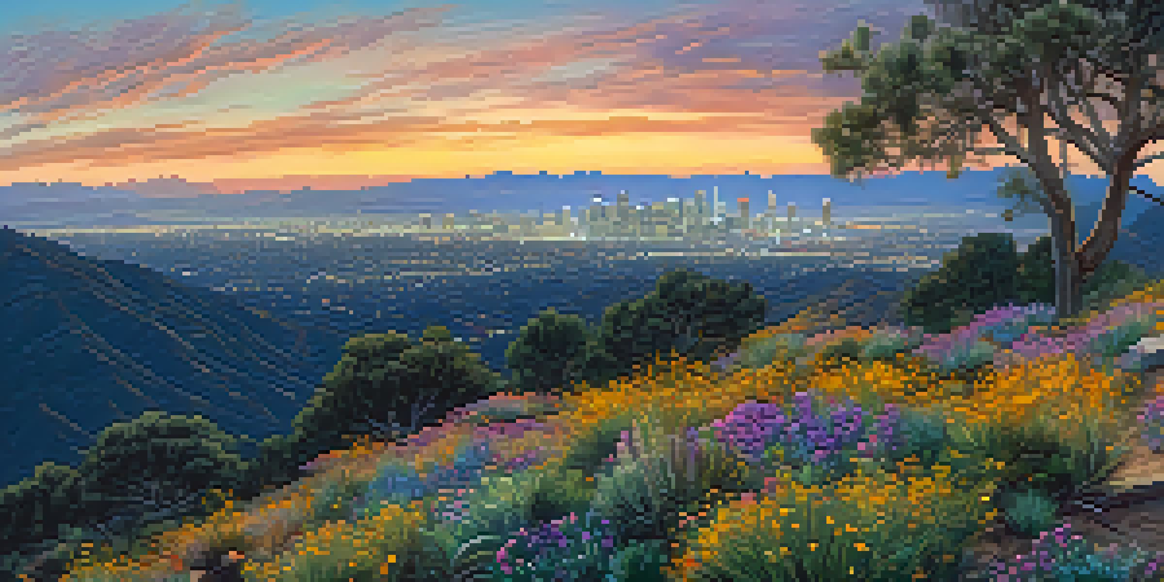 A sunset view from the summit of Mount Wilson Trail showing wildflowers in the foreground, mountains, and the Los Angeles skyline in the distance.