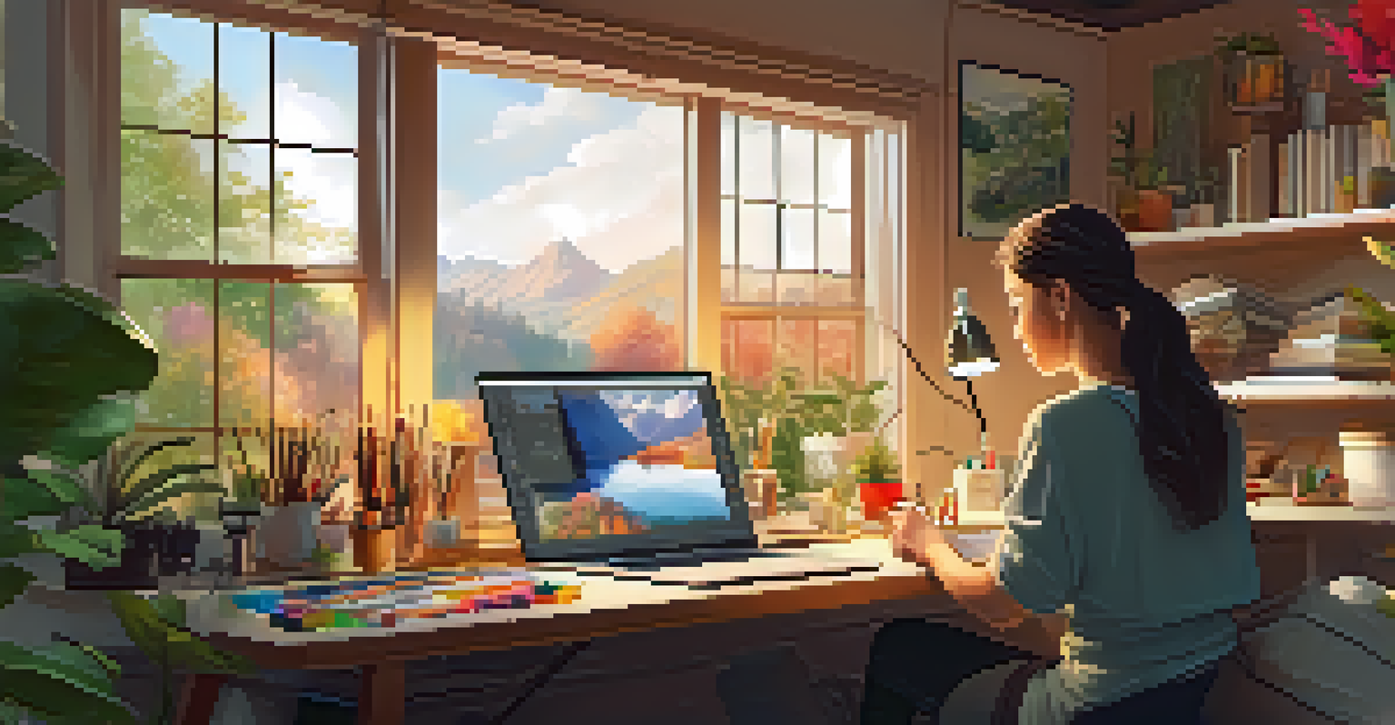 An artist in a studio, using a digital tablet to create a nature-inspired artwork under warm sunlight.