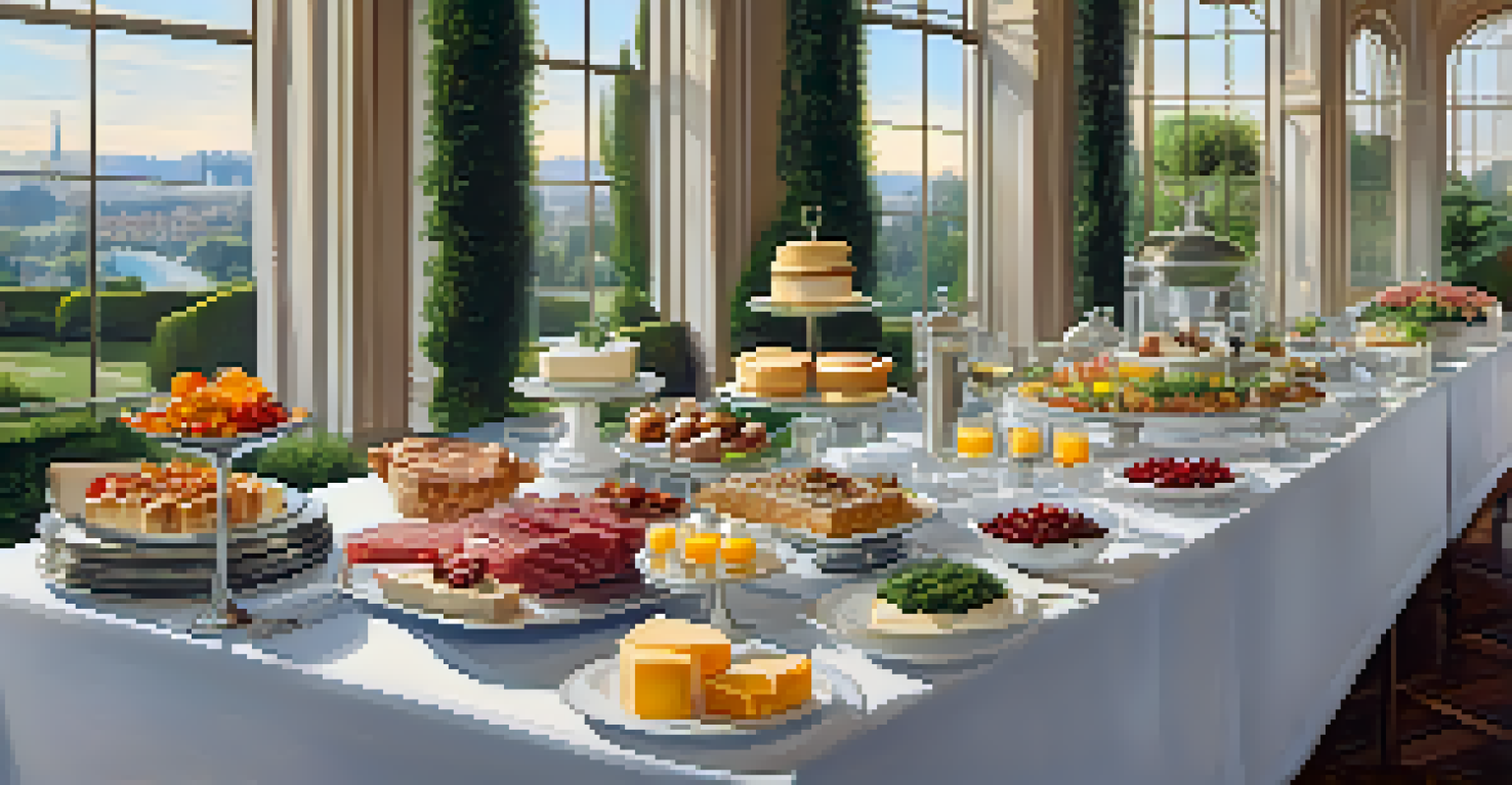 A luxurious brunch buffet with a variety of dishes and beautiful garden views.