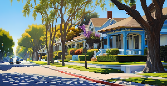 A sunny Pasadena street with Craftsman-style bungalows and blooming trees, showcasing the charm of the historic neighborhood.