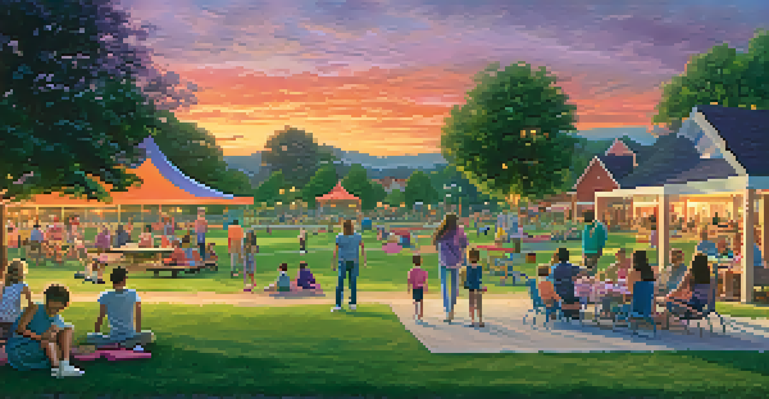 A sunset scene at a park with colorful sky and families enjoying a picnic, with playgrounds in the background.