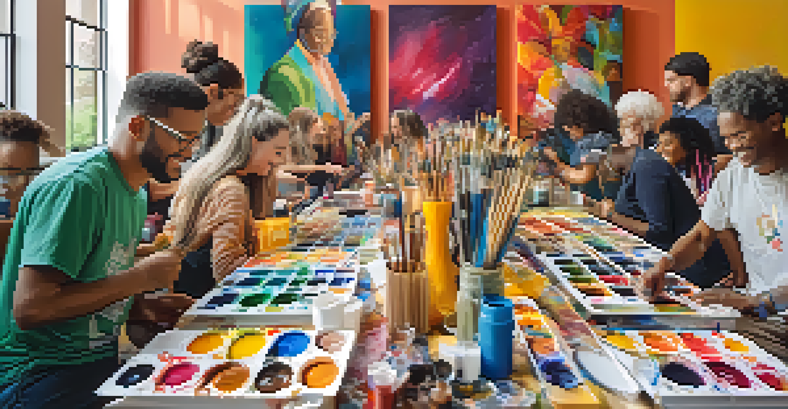 Participants of a community art workshop painting on canvases, surrounded by colorful art supplies and finished artworks.