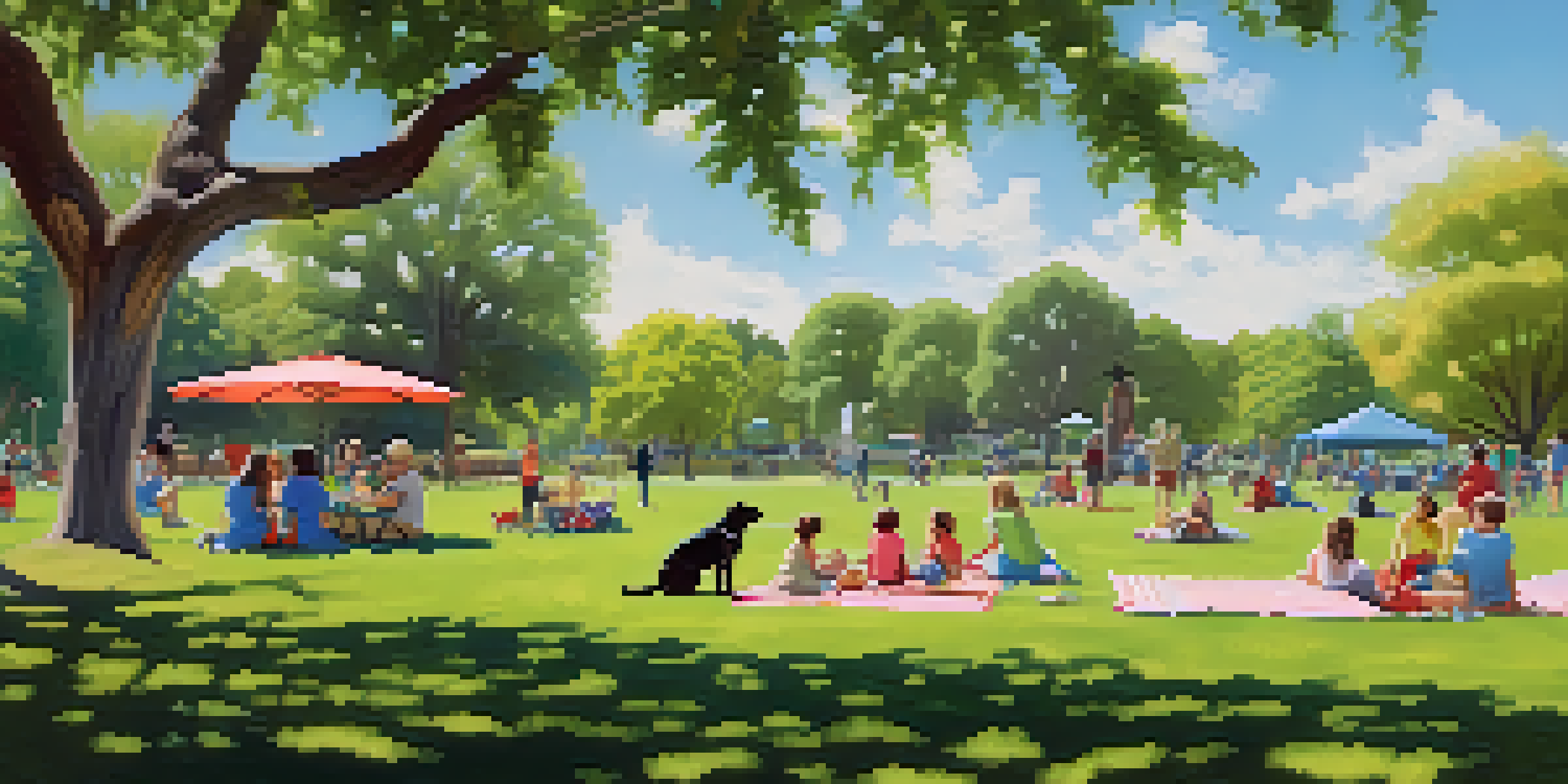 A vibrant park scene with dogs playing in a green field and families having picnics, surrounded by trees and playground equipment.