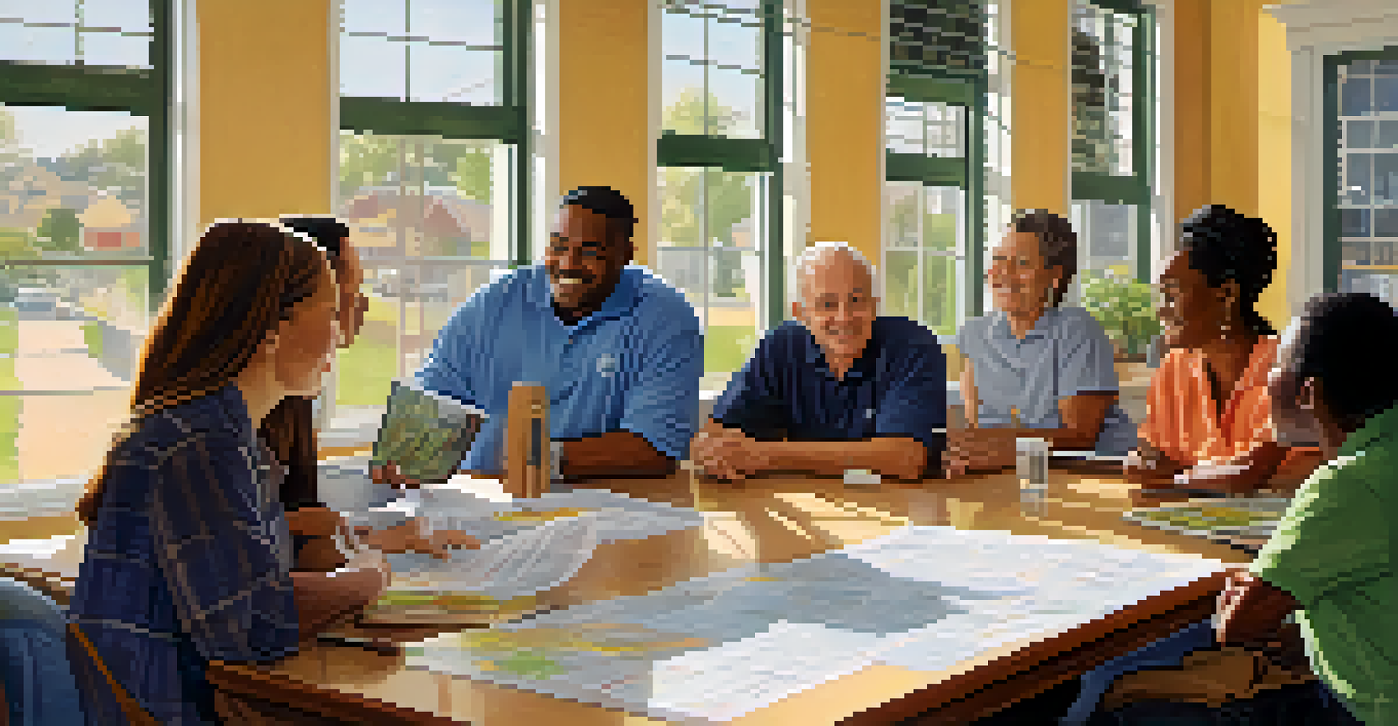 Residents participating in a neighborhood association meeting in Pasadena, surrounded by community plans and local art, with natural light illuminating the room.