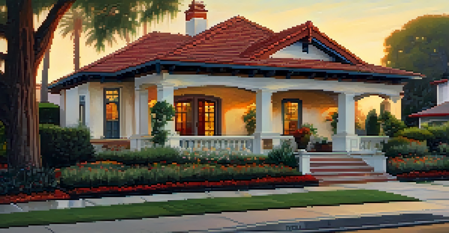 A street scene in Pasadena with a Craftsman bungalow in the foreground and a Spanish Revival home in the background, illuminated by sunset.