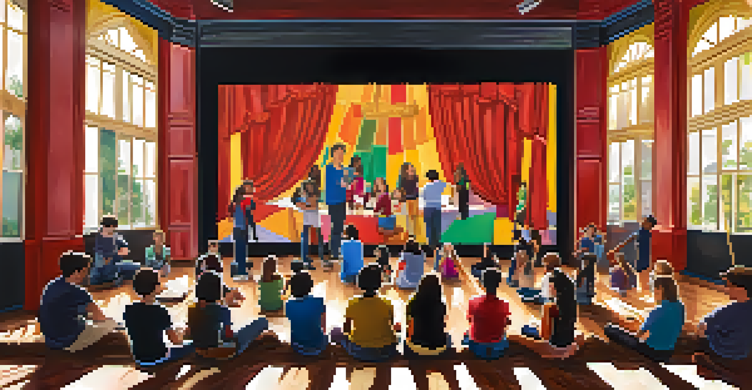 Community theater workshop with young actors practicing lines in a sunlit room.