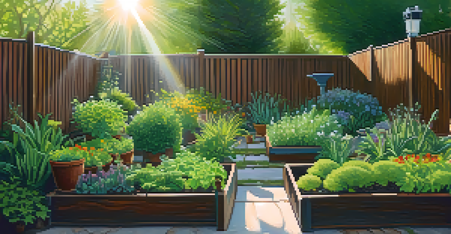 A tranquil urban backyard garden in Pasadena with herbs and vegetables growing in a wooden raised bed, illuminated by sunlight.