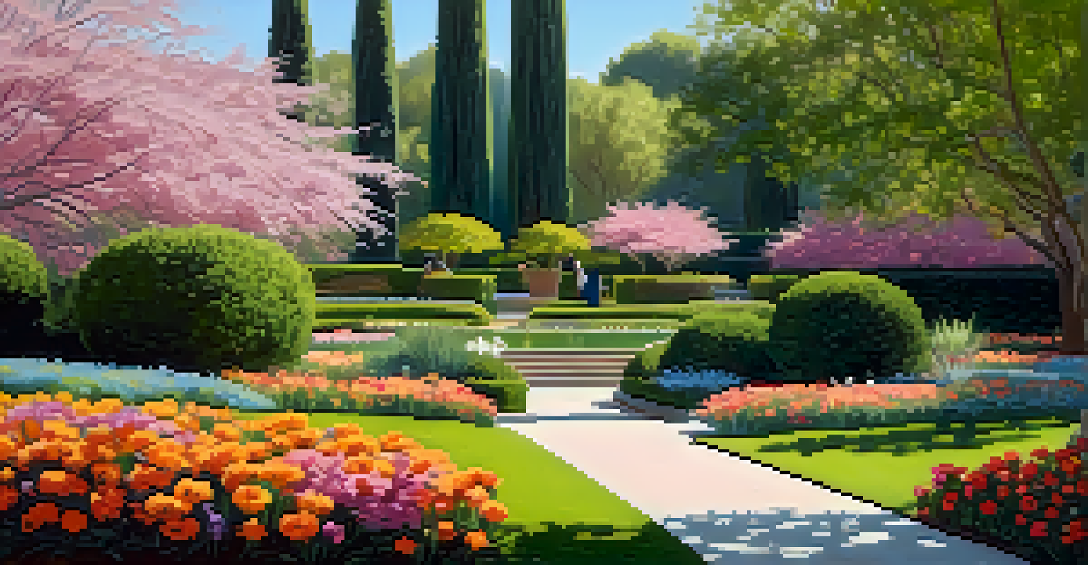 Visitors walking through the tranquil gardens of the Norton Simon Museum, surrounded by flowers and sculptures.