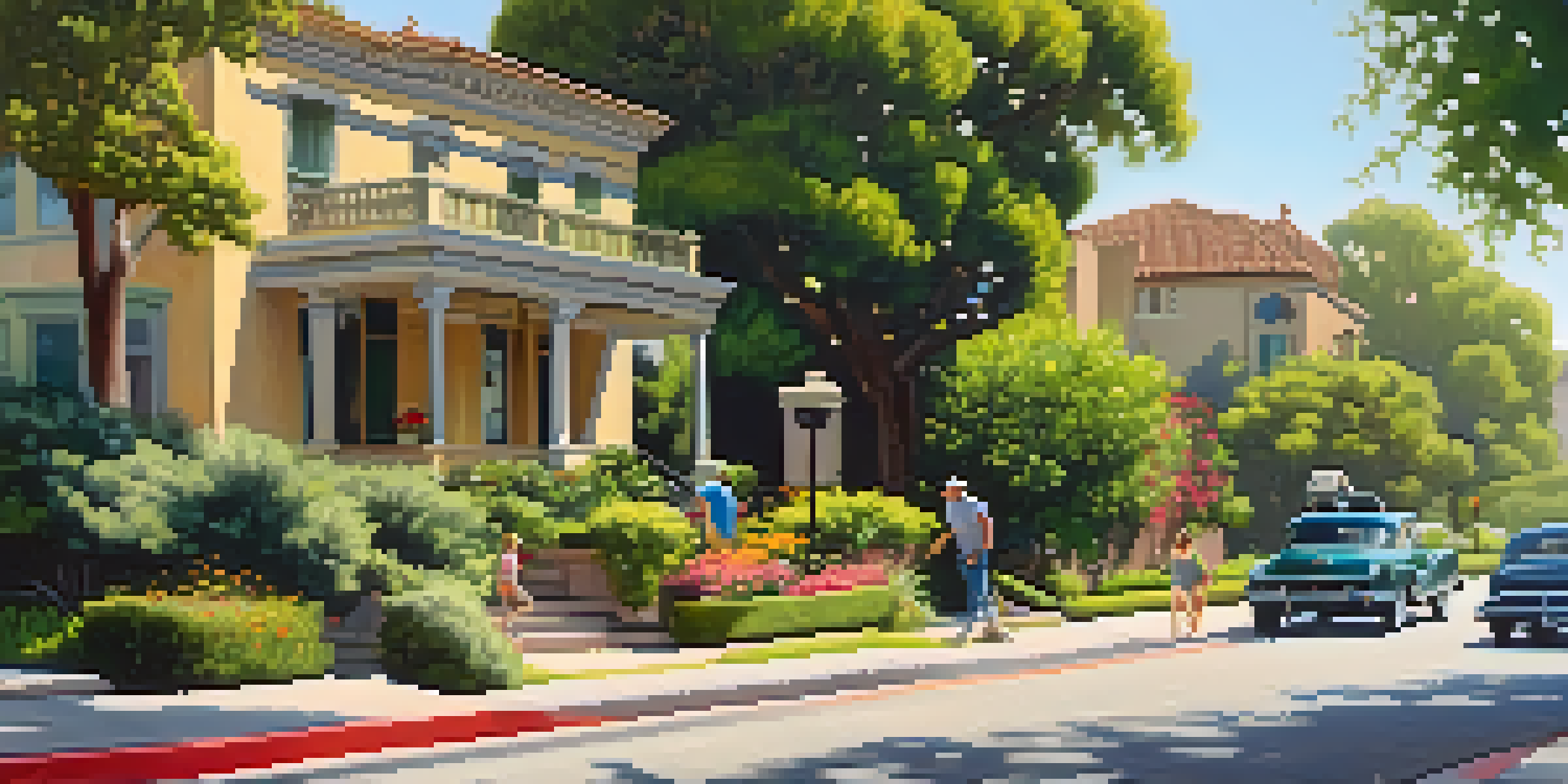 A sunny Pasadena neighborhood with historic buildings and blooming flowers, featuring a family walking on the sidewalk.
