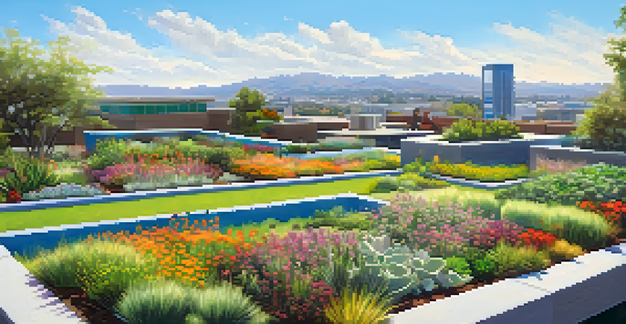 A lush rooftop garden filled with colorful flowers and native plants against the backdrop of a modern cityscape in Pasadena.