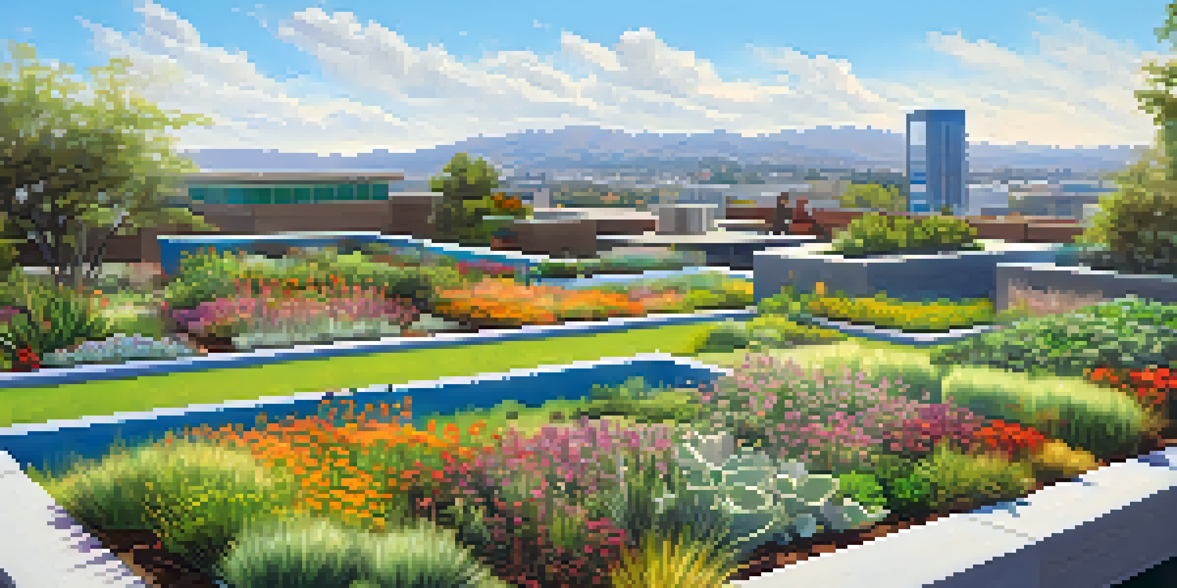 A lush rooftop garden filled with colorful flowers and native plants against the backdrop of a modern cityscape in Pasadena.