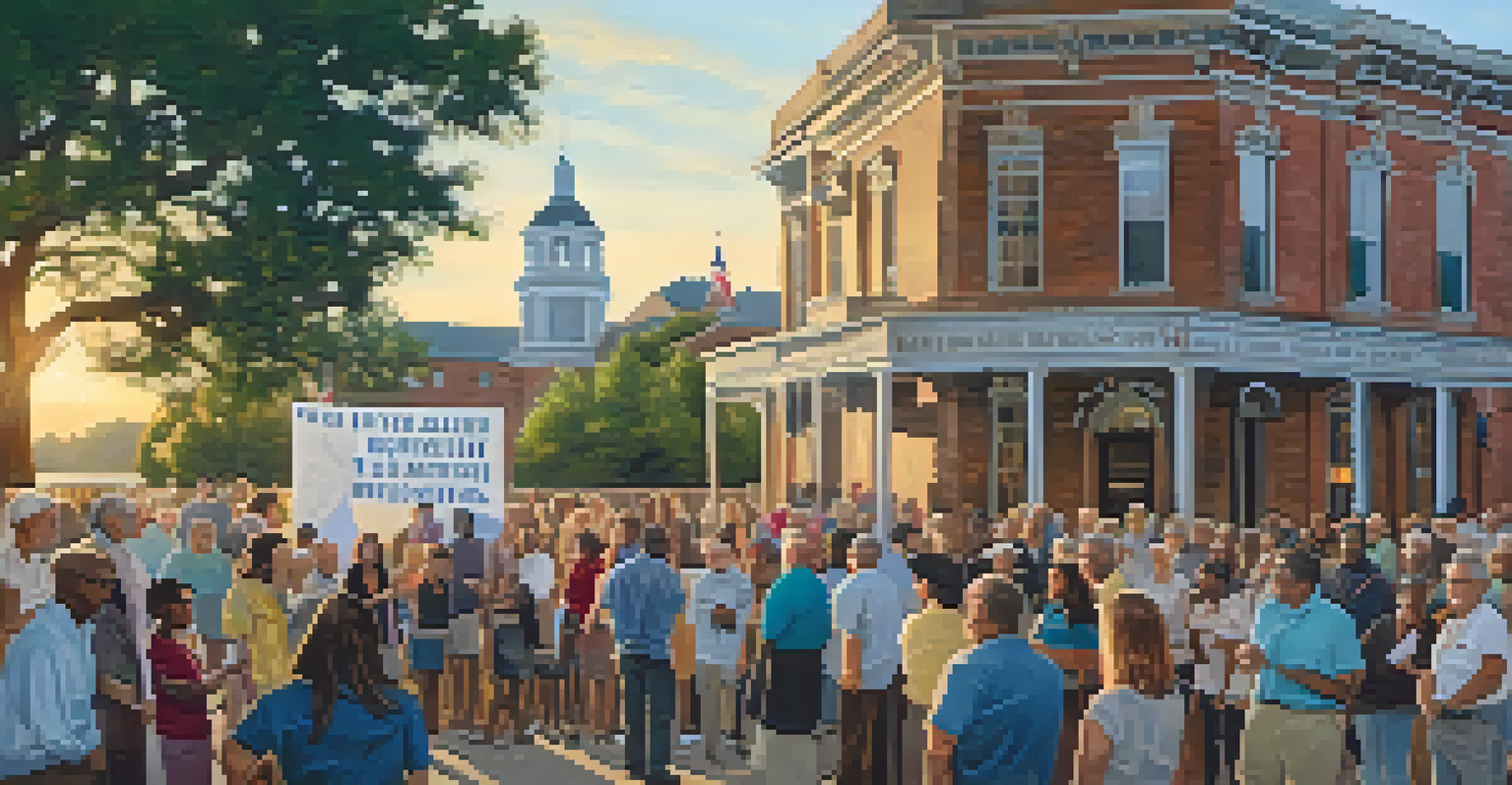 A community meeting in front of a historic landmark, with residents discussing preservation efforts and holding banners.