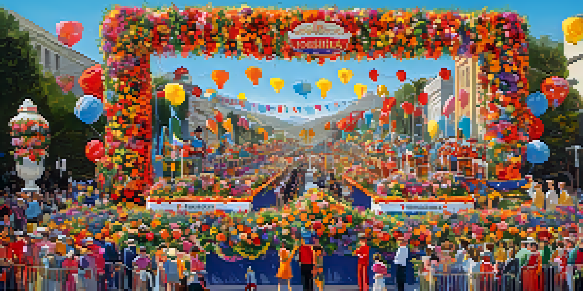 A scene from Pasadena's Rose Parade with colorful flower-covered floats and enthusiastic spectators in festive clothing.