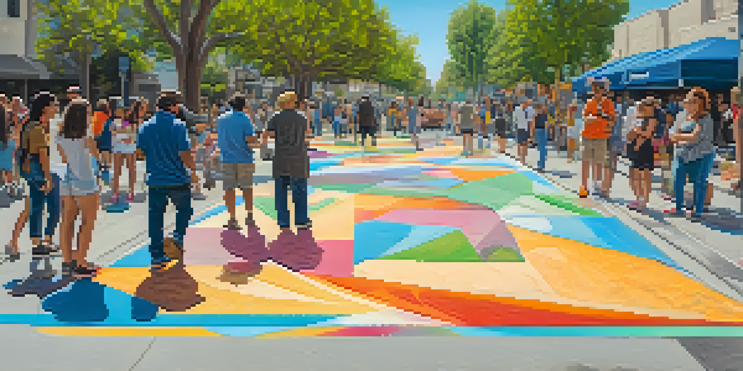 A lively outdoor festival scene with artists creating colorful chalk murals on the pavement, surrounded by spectators and trees under a blue sky.
