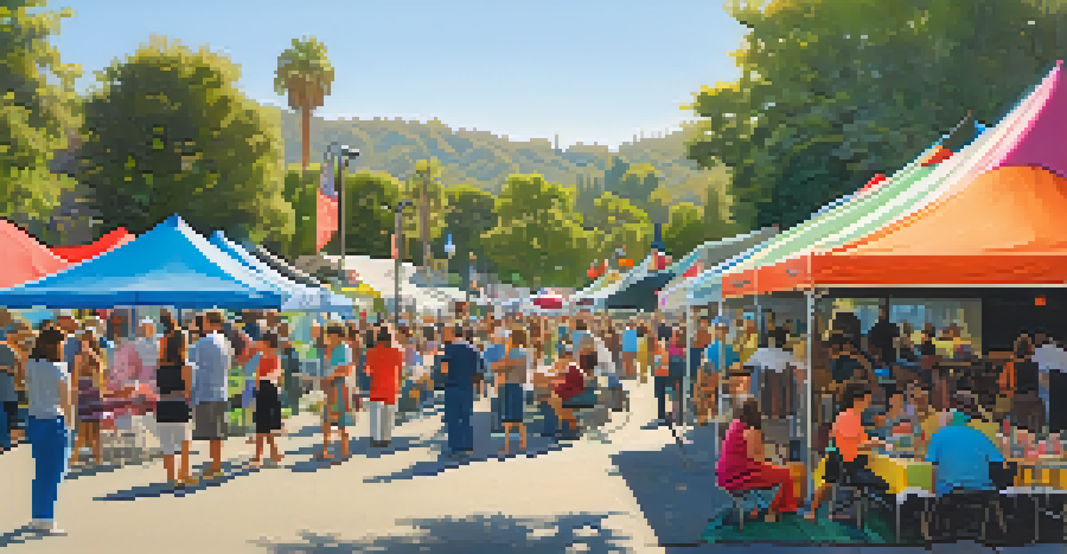 A lively community festival in Pasadena's Highlands with residents enjoying local art, music, and food amid historic homes.