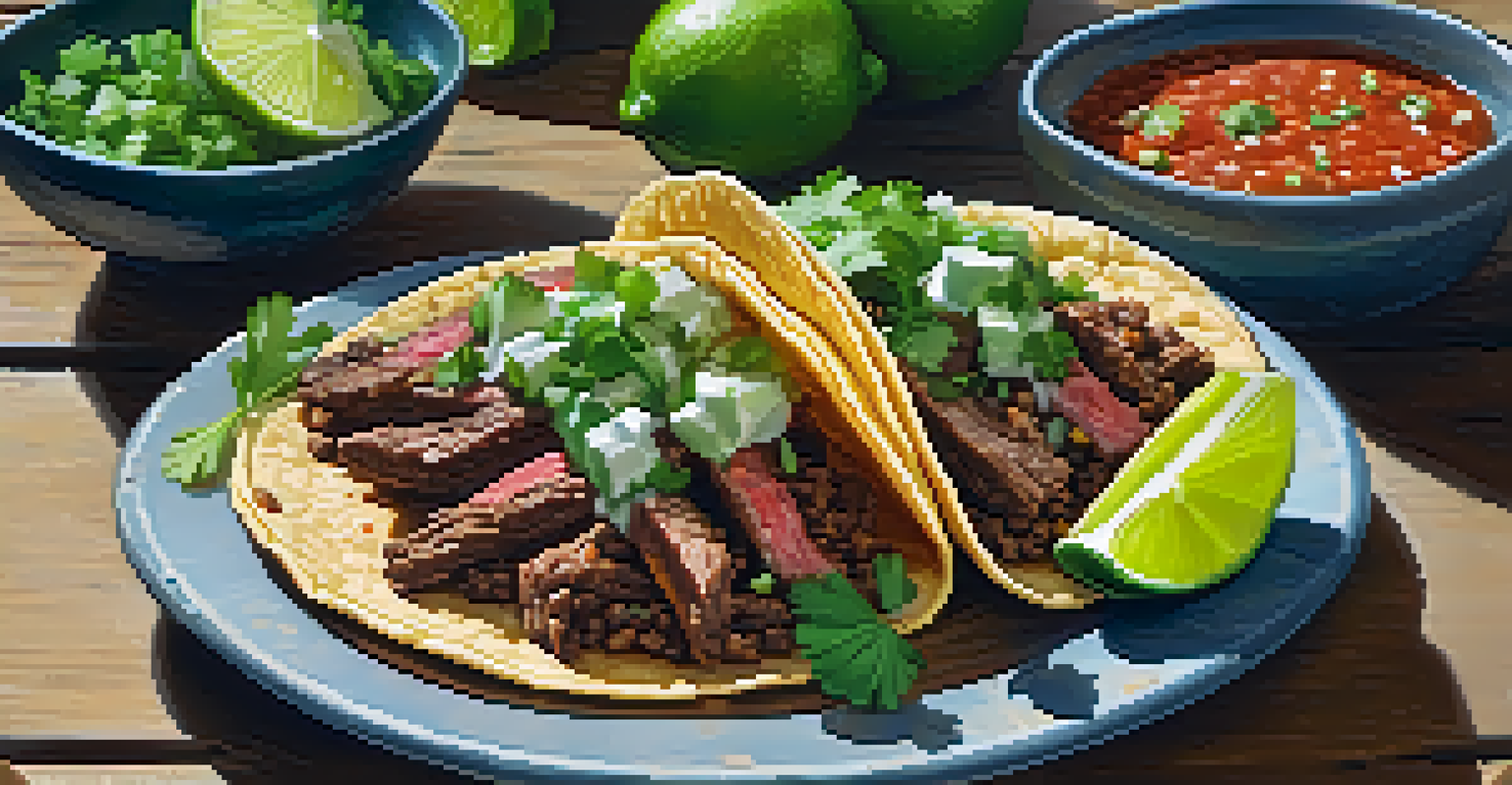 A close-up view of carne asada tacos topped with cilantro and lime on a wooden table.