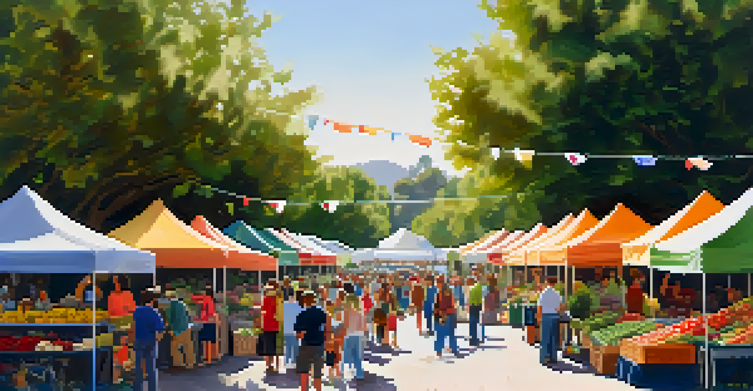 A lively outdoor farmer's market in Pasadena with various stalls, families, and colorful banners under a sunny sky.
