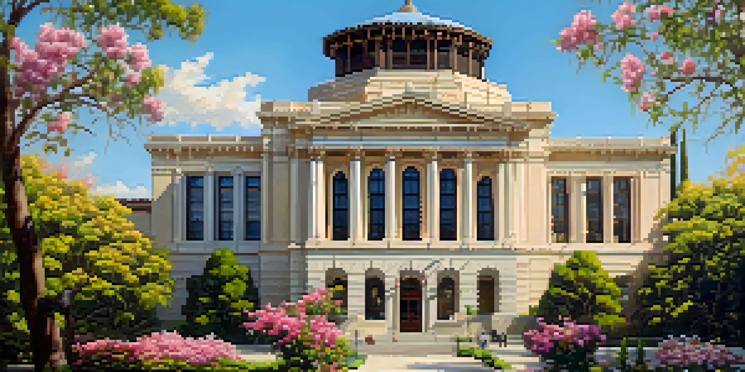 A view of the Pasadena Museum of History surrounded by colorful flowers and under a clear blue sky.