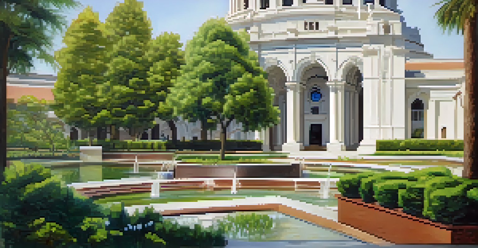 A close-up view of Pasadena City Hall, showcasing its historic architecture and modern sustainable features like advanced HVAC systems and gardens.