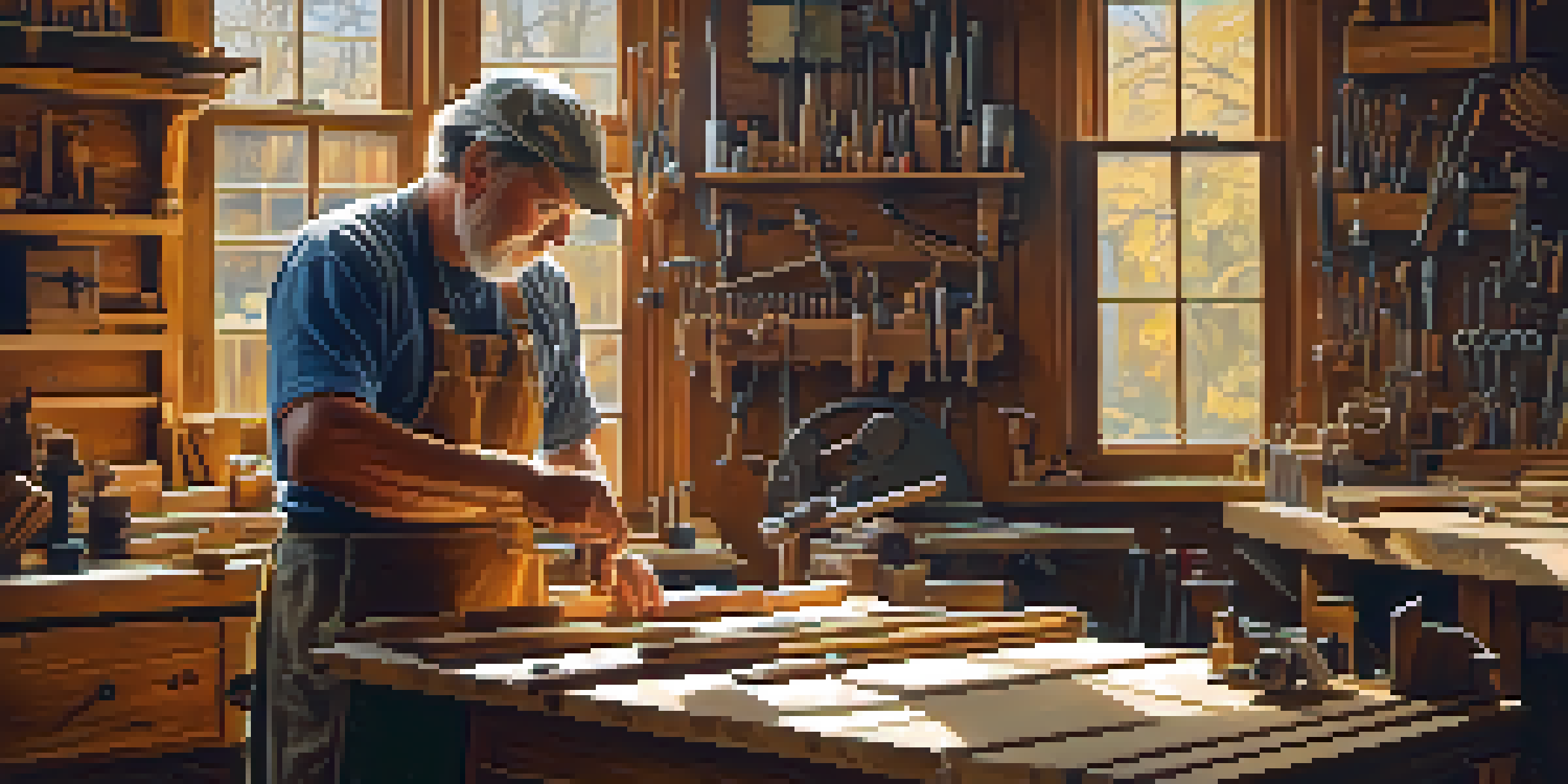 A carpenter working in a bright workshop with woodworking tools, crafting furniture from reclaimed wood.