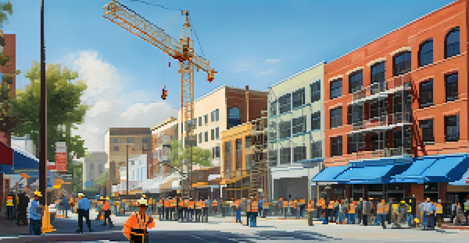 A construction site for a mixed-use development in Pasadena with workers, scaffolding, and community members discussing the project under a clear blue sky.