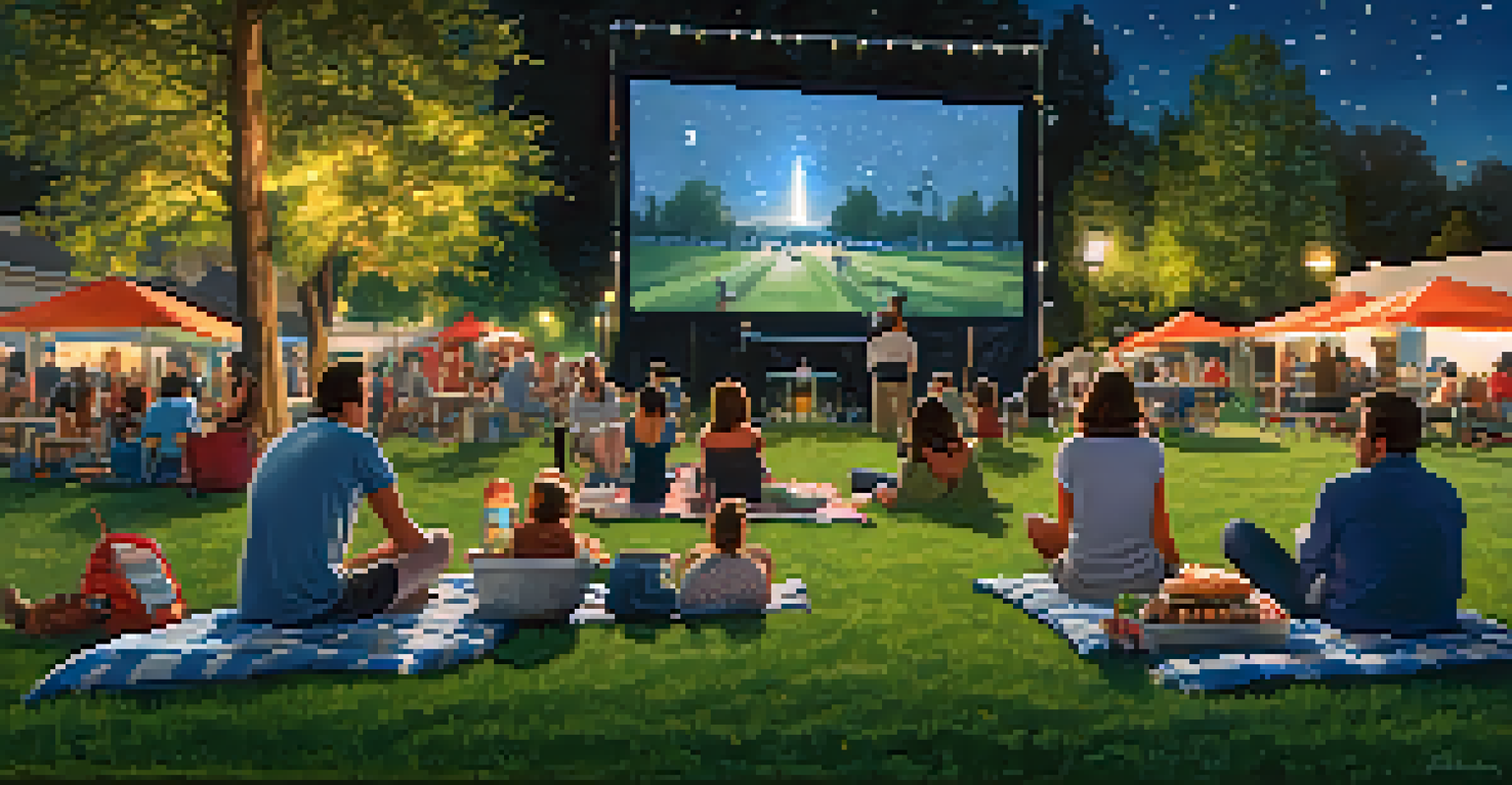 Families enjoying an outdoor movie night in a park, with a large screen showing a film and food trucks nearby under a starry sky.