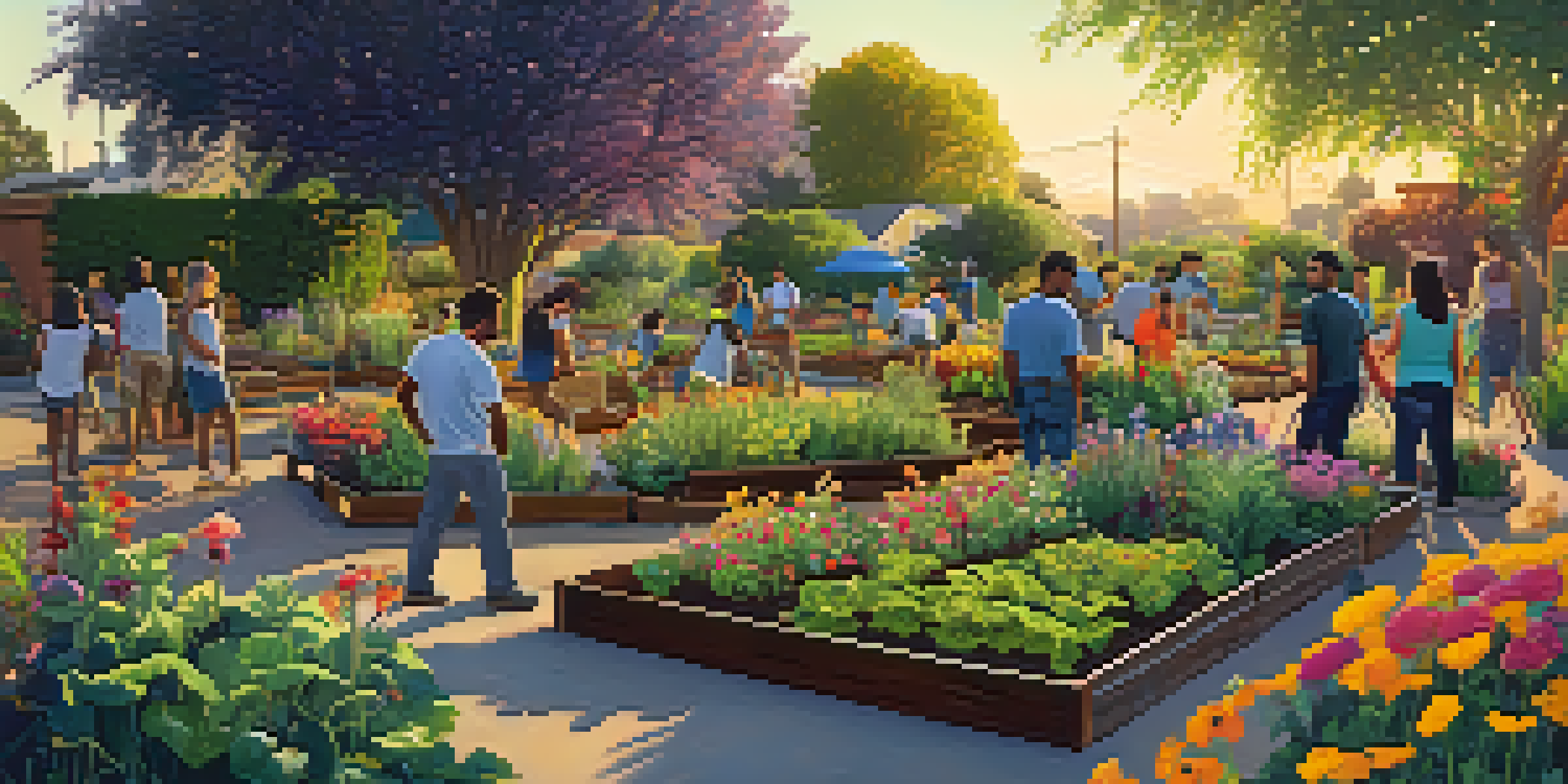 A diverse group of residents working together in a colorful community garden during sunset.
