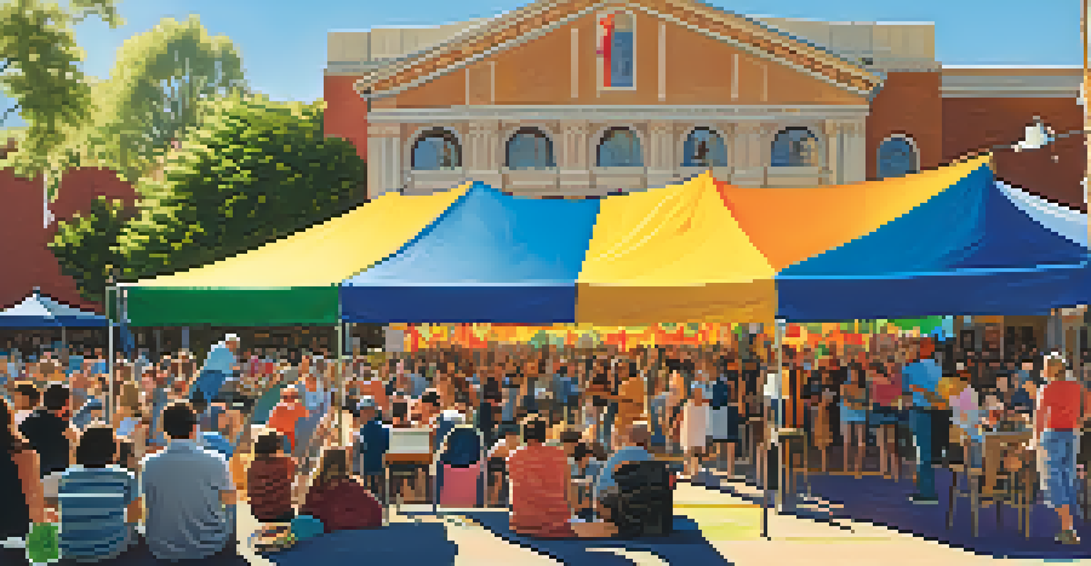 A lively theater festival in Pasadena with colorful banners, tents, and people enjoying performances.