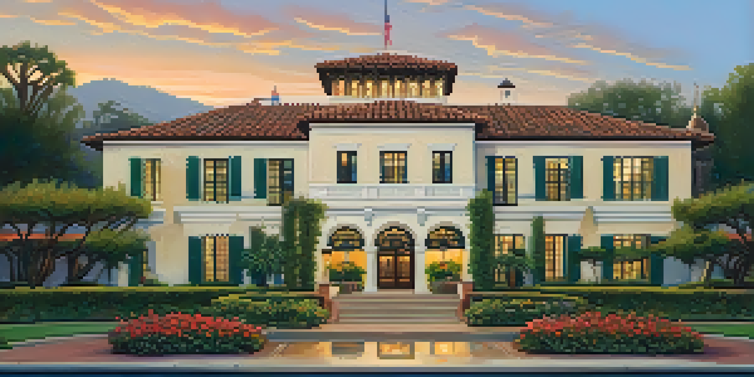 A historic hotel in Pasadena with Spanish Colonial Revival architecture surrounded by vibrant gardens at sunset.