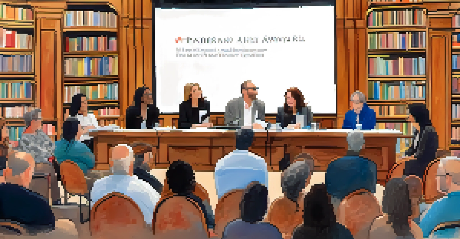 A panel of authors discussing literature on stage, with an engaged audience in a warmly lit room full of books.