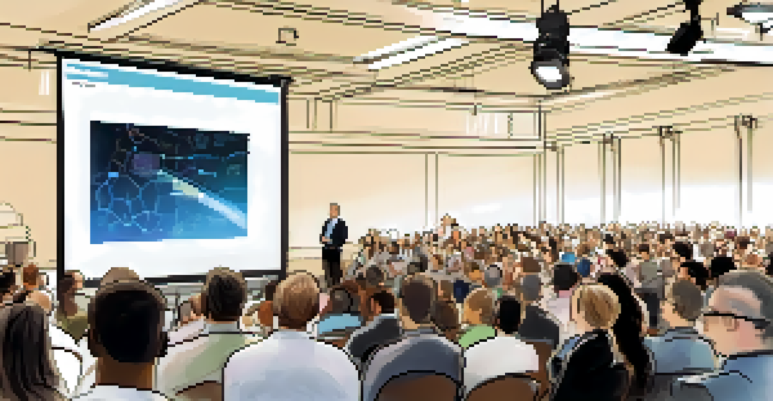 A keynote speaker engaging an audience at a science festival, with visuals on a screen behind them.