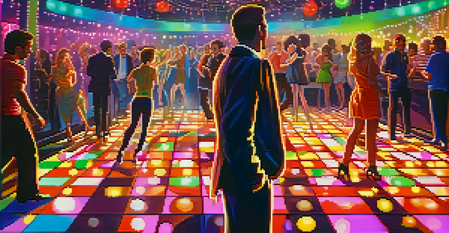 A themed nightclub event with guests in 1980s attire dancing under colorful lights and a disco ball.