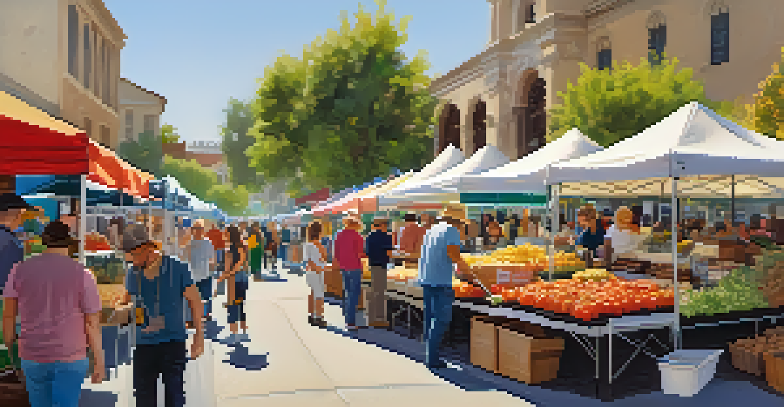 A lively farmers' market in Old Town Pasadena with colorful stalls and people enjoying the community event.