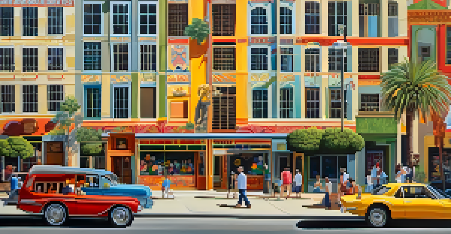 A colorful collage mural featuring local landmarks and cultural symbols in Pasadena's Playhouse District, illuminated by sunlight.