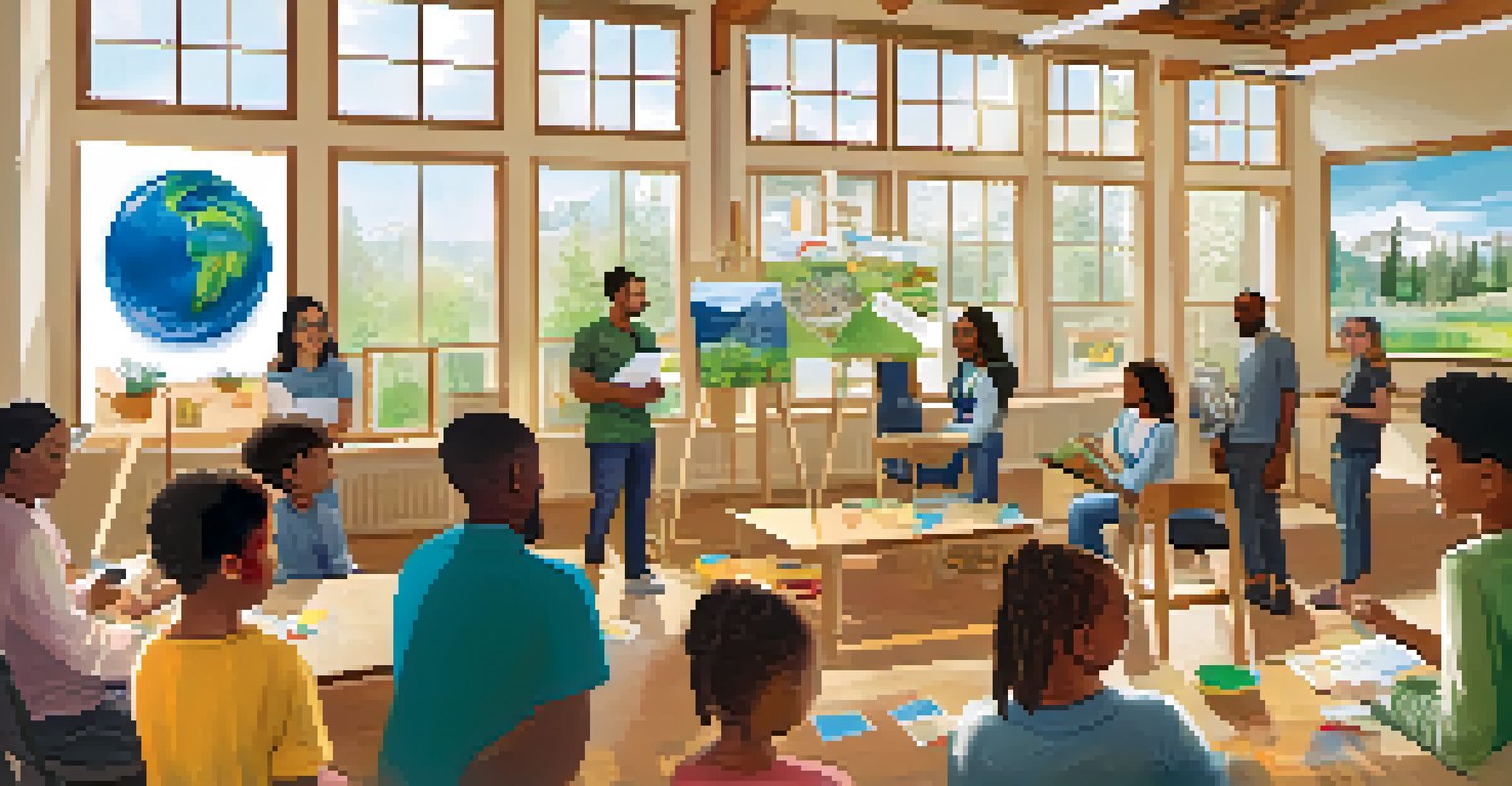 A community workshop on sustainability with diverse participants engaging in activities, surrounded by posters about energy efficiency in a bright room.
