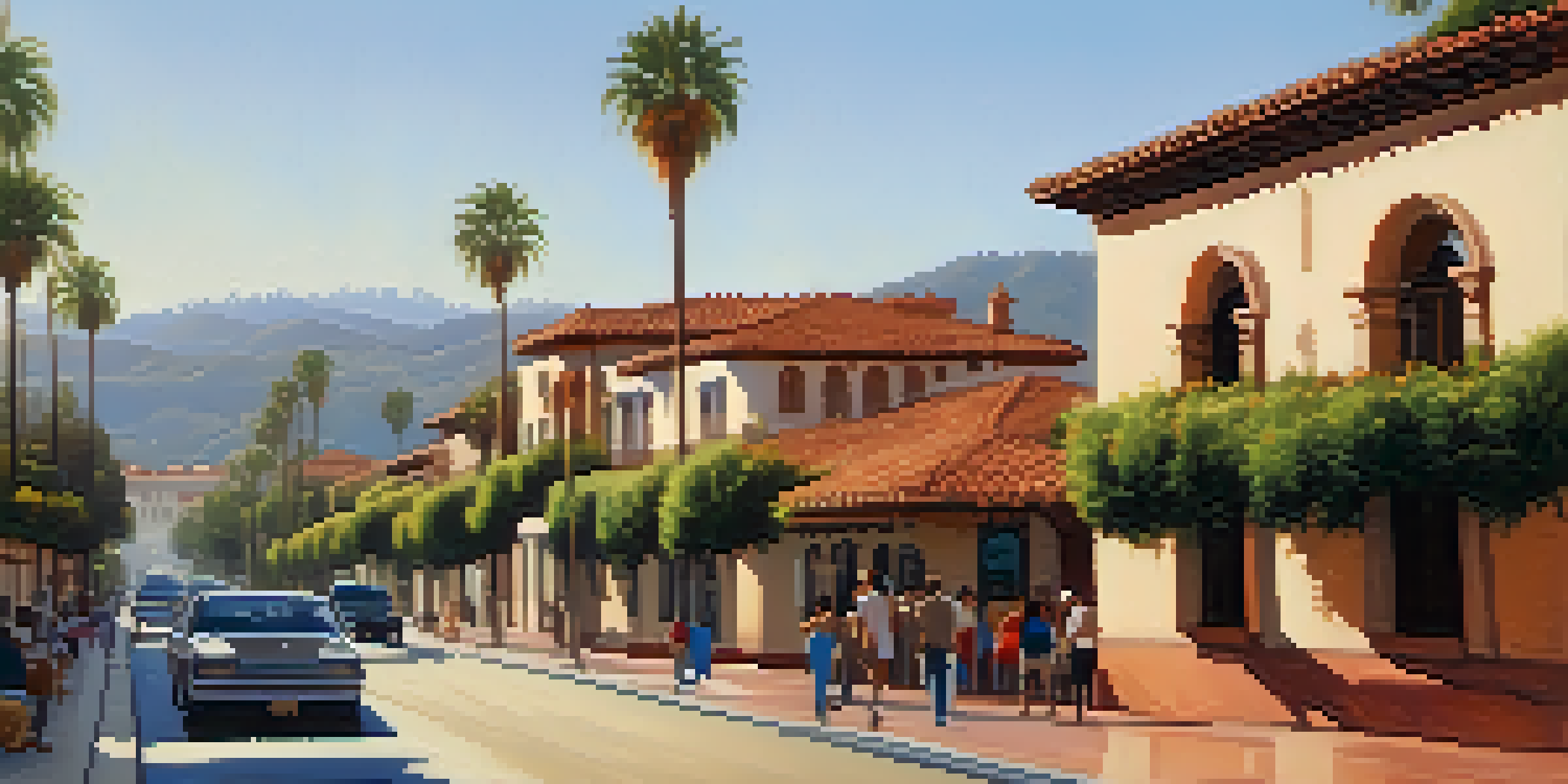 A vibrant street in Pasadena featuring Spanish Colonial Revival buildings with terracotta roofs and intricate tile designs, bathed in warm afternoon sunlight.