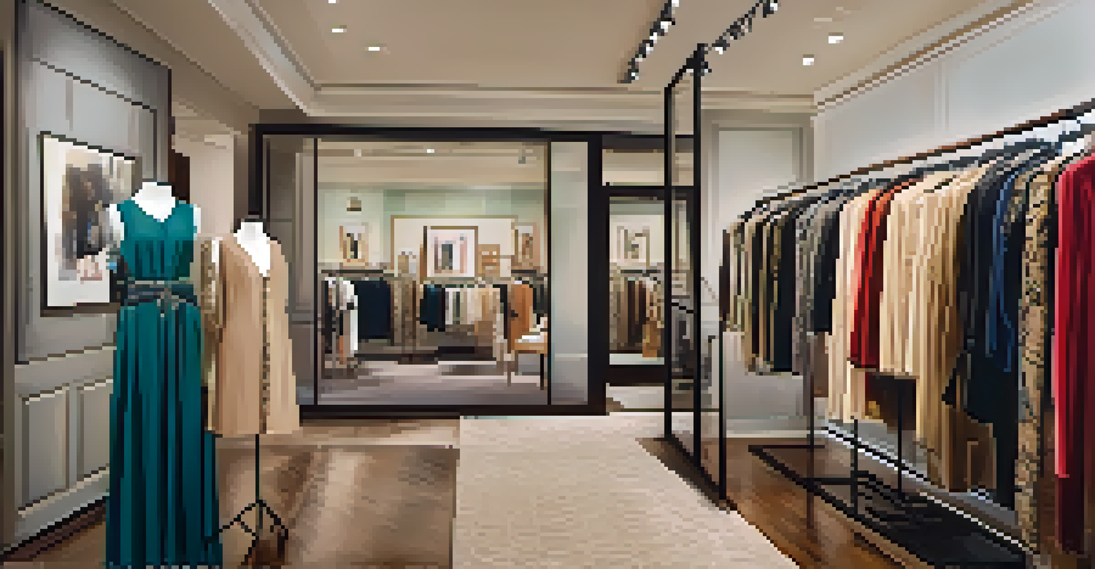 The interior of a boutique in Pasadena displaying unique garments from local fashion designers, featuring soft lighting and artwork on the walls.