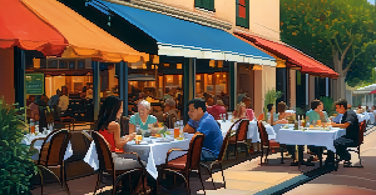 An outdoor dining setup at a Pasadena restaurant with colorful dishes and happy patrons enjoying their meals.