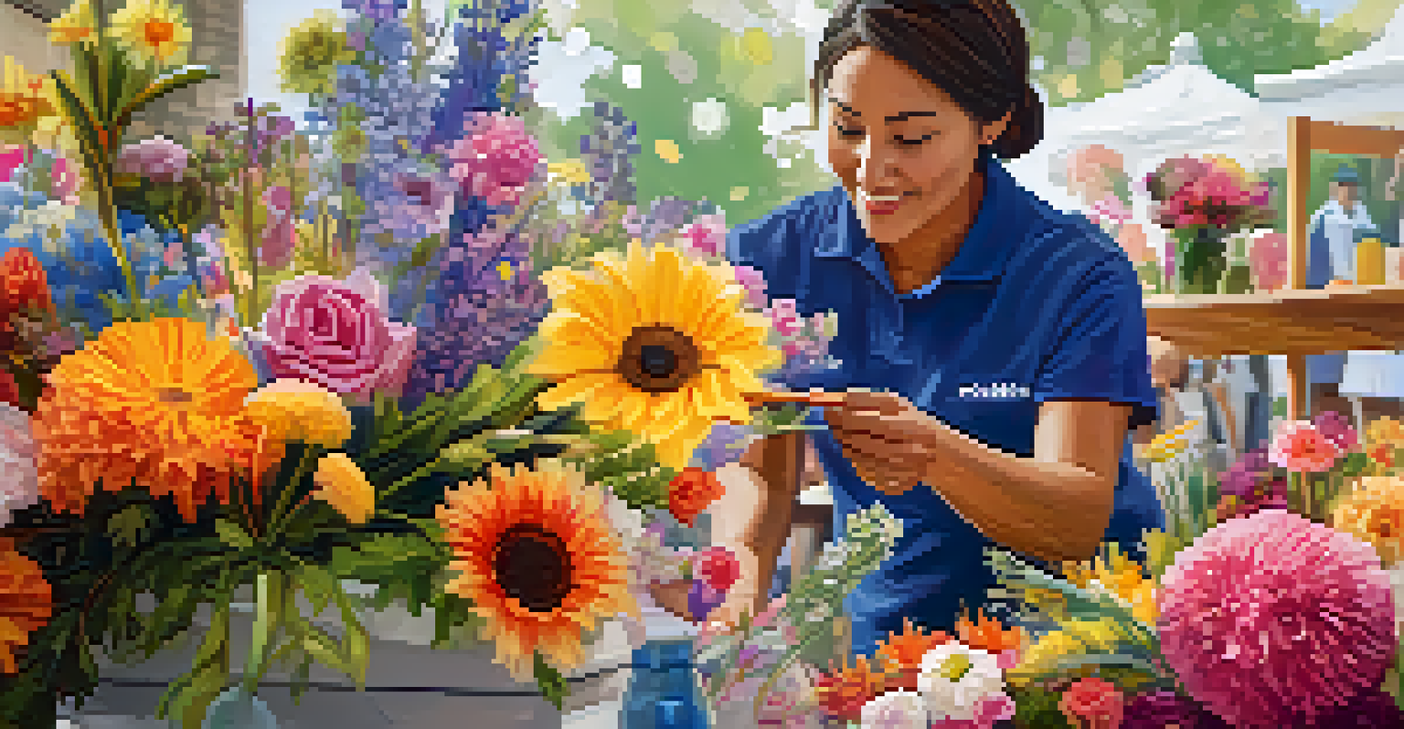 A volunteer decorating a float with flowers, highlighting the detailed floral arrangements and a joyful atmosphere.