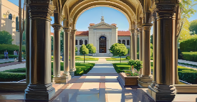A beautiful historic library with large windows and colorful gardens, bathed in sunlight.