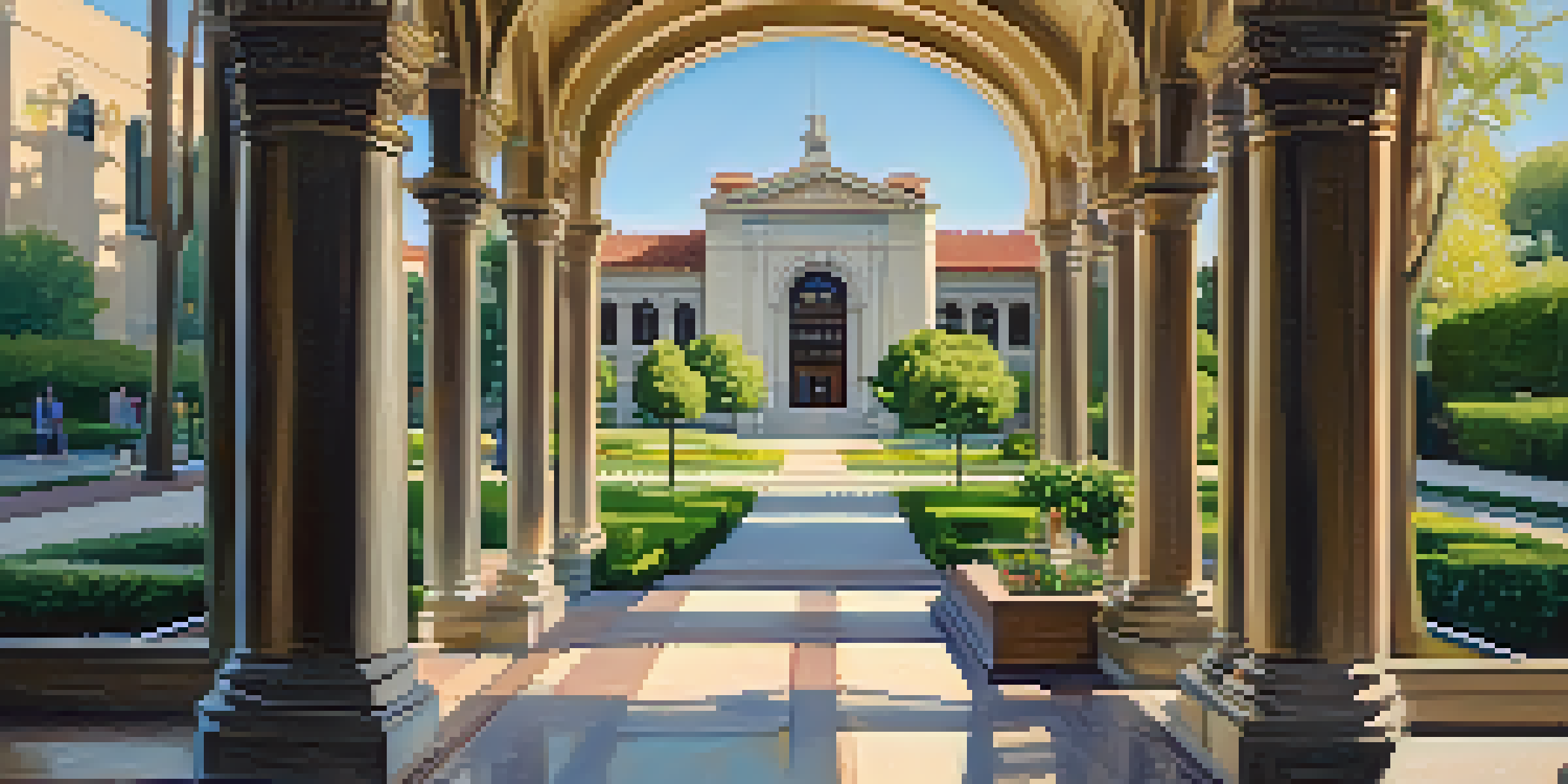 A beautiful historic library with large windows and colorful gardens, bathed in sunlight.