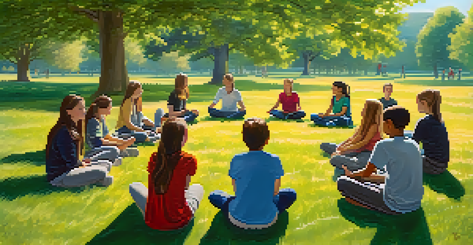 Students sitting in a circle on the grass, practicing mindfulness exercises outdoors with trees and a clear sky around them.