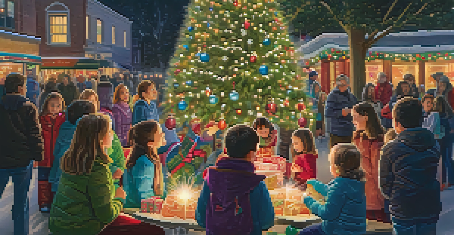 A community tree-lighting ceremony with a beautifully decorated Christmas tree and families celebrating together.