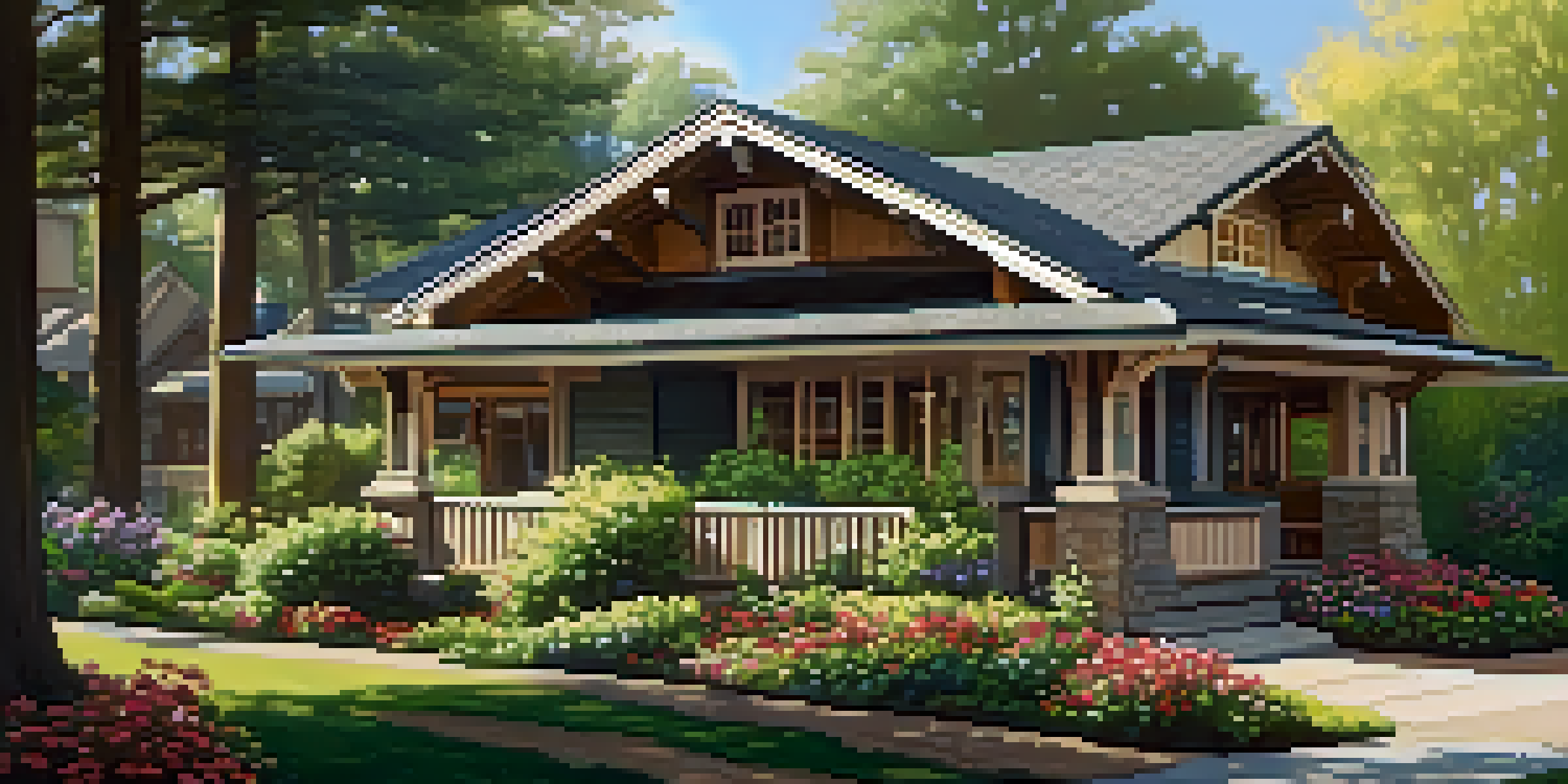 A Craftsman-style bungalow surrounded by greenery with a wide porch and handcrafted wooden features, illuminated by warm sunlight.