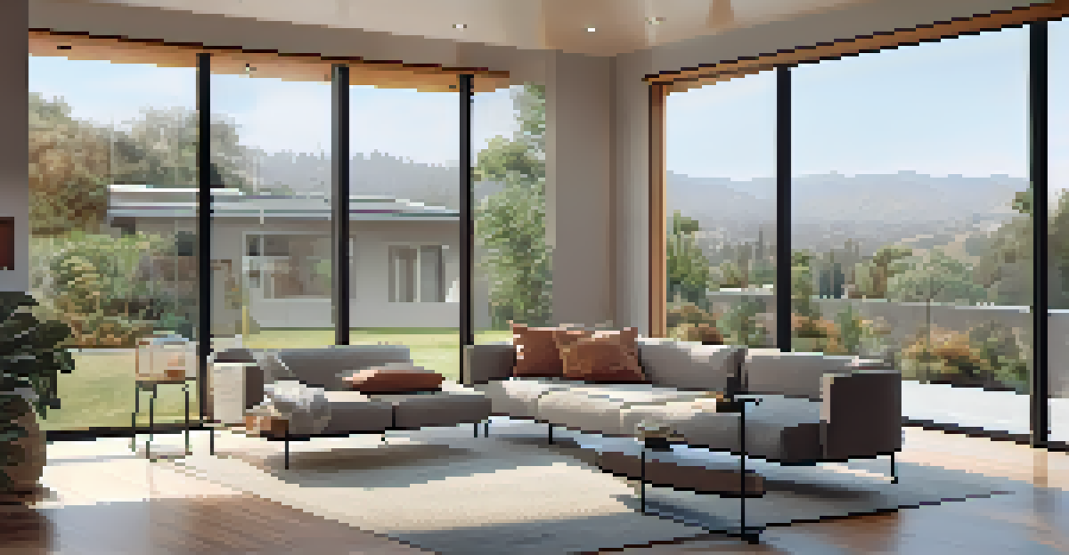 A modern living room in a smart home with energy-efficient lighting and a smart thermostat.