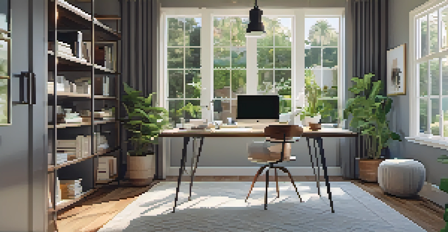 A bright home office with a desk, laptop, and plants, showing views of a garden through large windows.