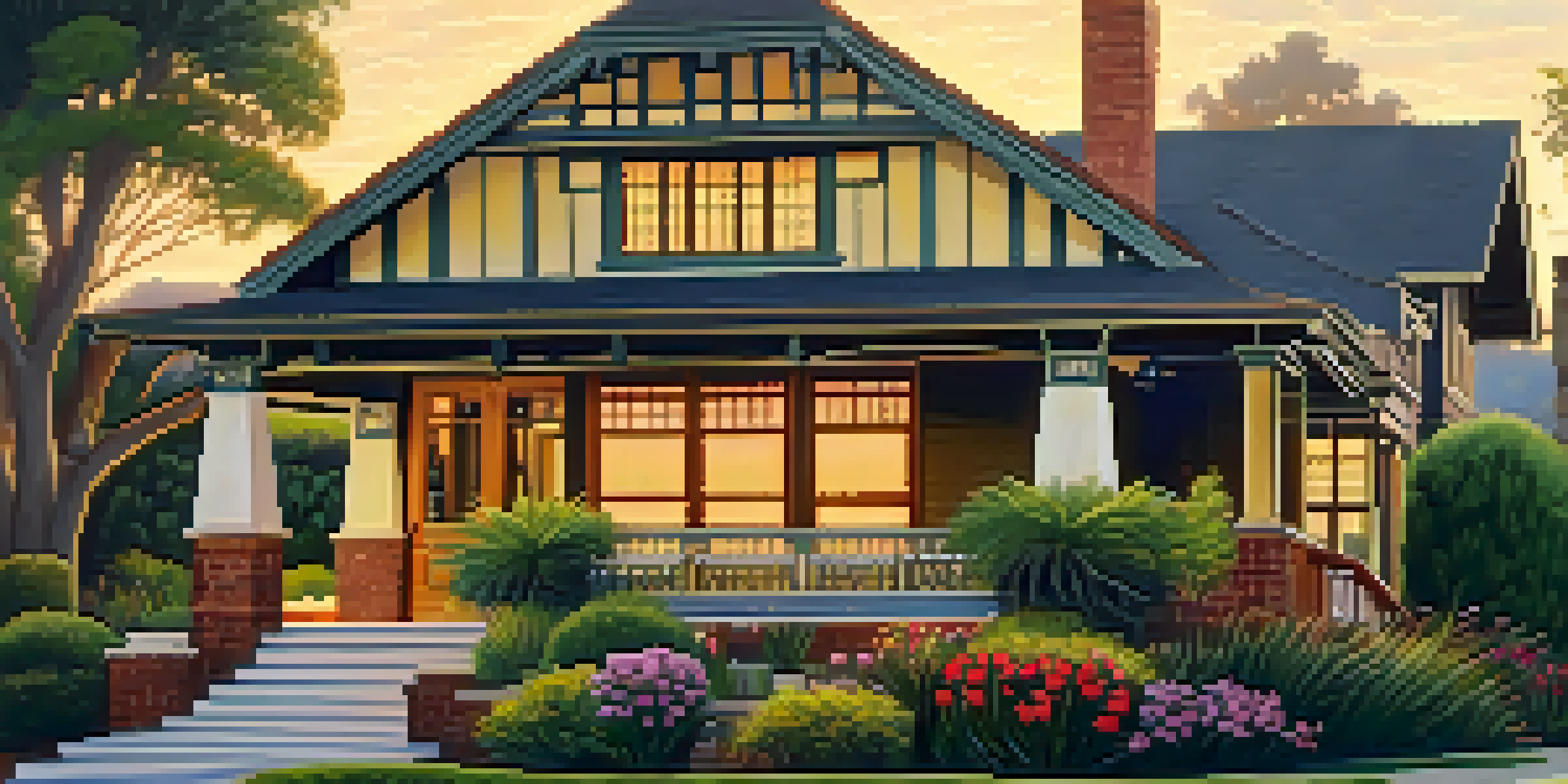 A restored Craftsman home with detailed woodwork and a colorful garden, illuminated by sunset light.