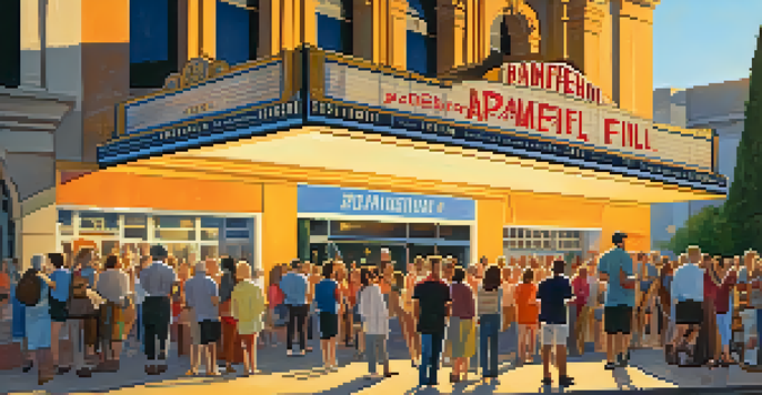 A lively crowd of film enthusiasts outside a historic theater during the Pasadena International Film Festival, with colorful banners and a warm sunset light.