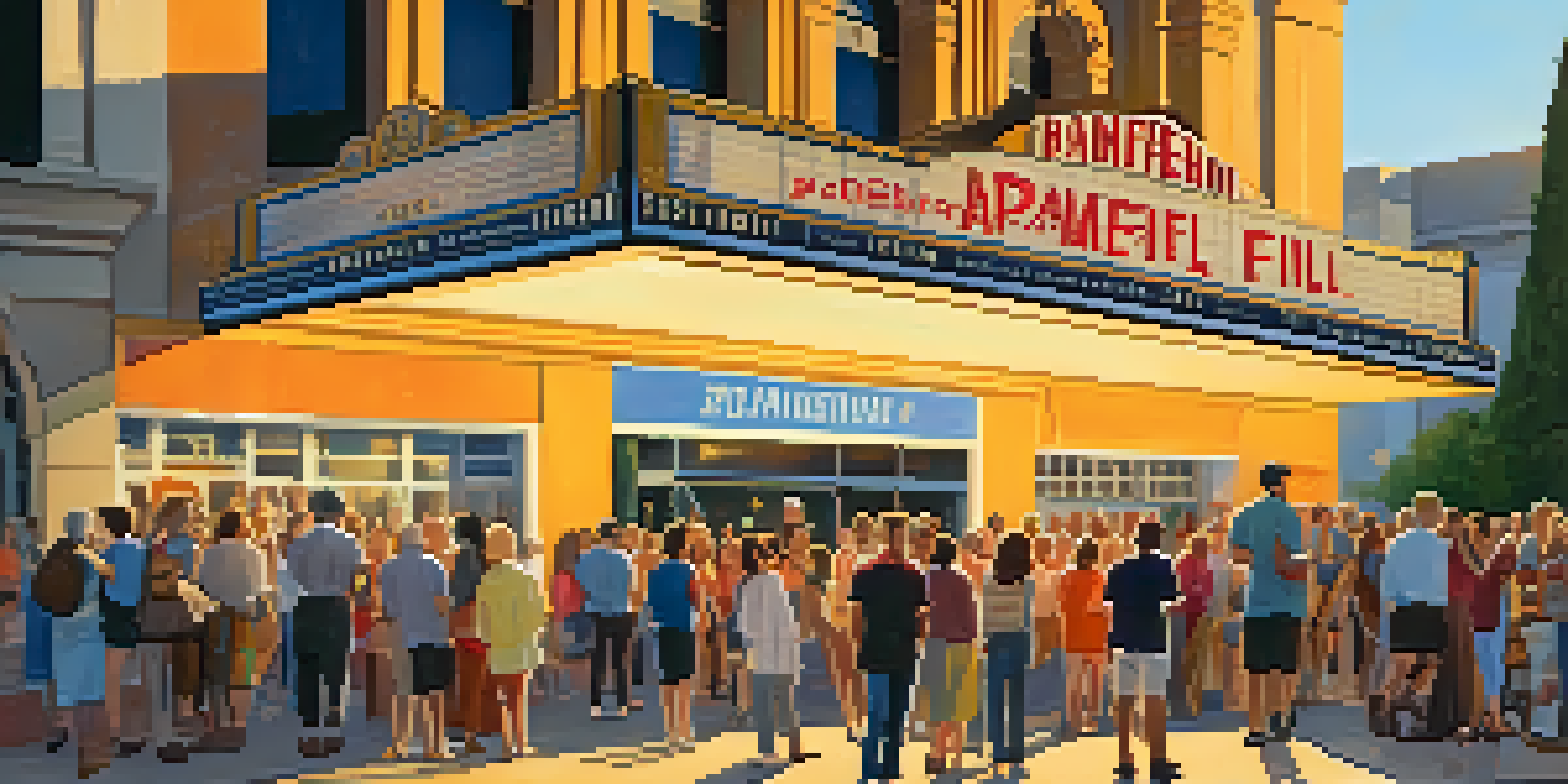 A lively crowd of film enthusiasts outside a historic theater during the Pasadena International Film Festival, with colorful banners and a warm sunset light.