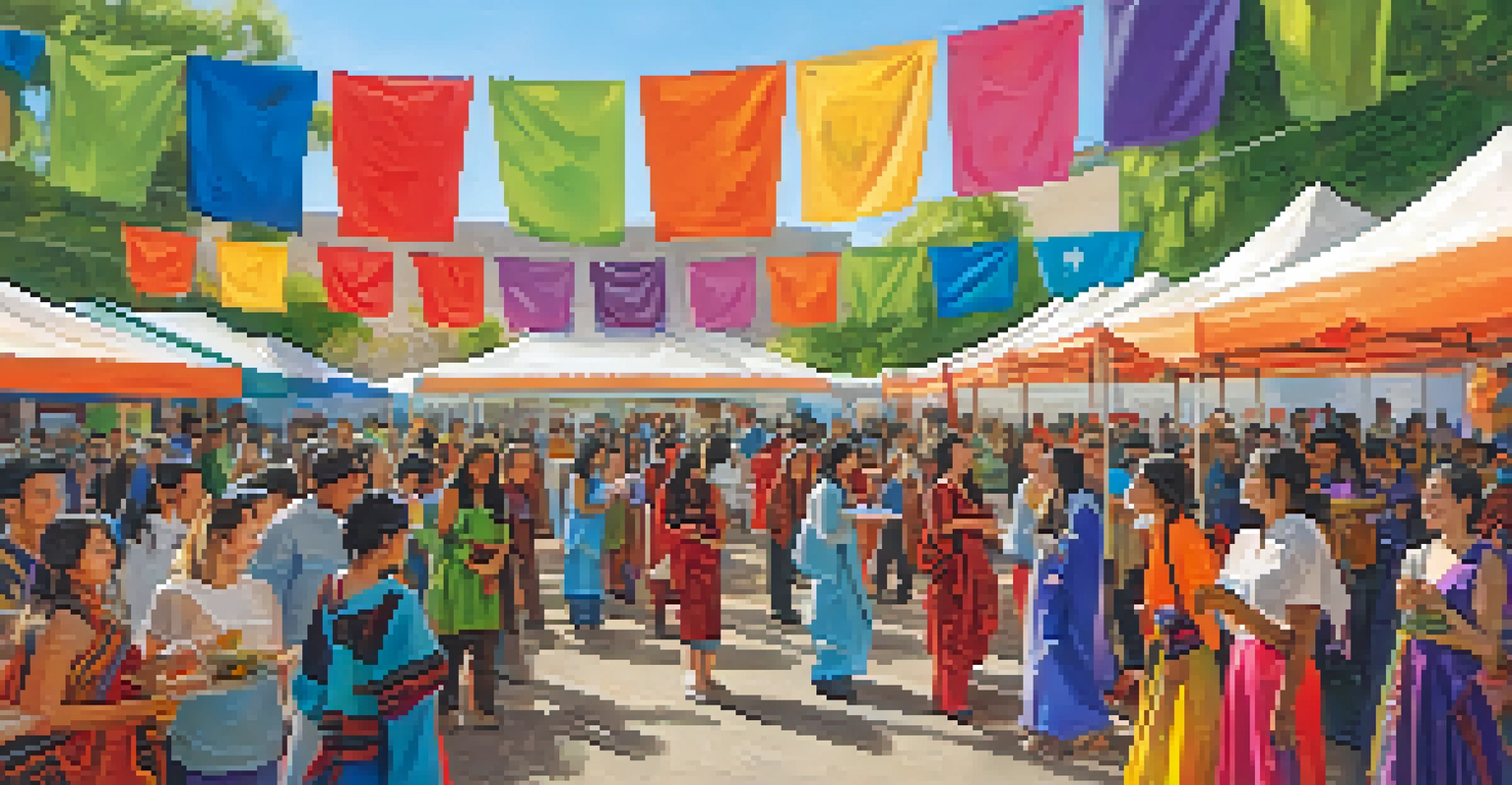 Students celebrating diversity at Pasadena City College during International Day, wearing traditional clothing and surrounded by colorful decorations and food stalls.